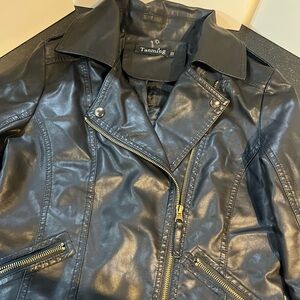 Tanming Black Leather Moto Jacket